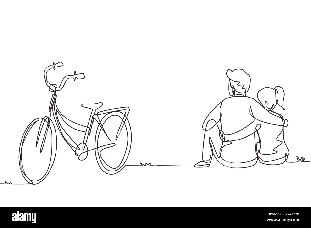 Single continuous line drawing back view of romantic teenage couple sitting outdoors with bicycle next to them. Young man and woman in love. Happy mar Stock Vector