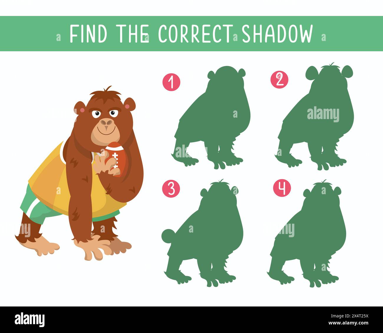 Find correct shadow. Puzzle game for children. Cute gorilla playing rugby. Vector cartoon illustration. Funny character. Stock Vector