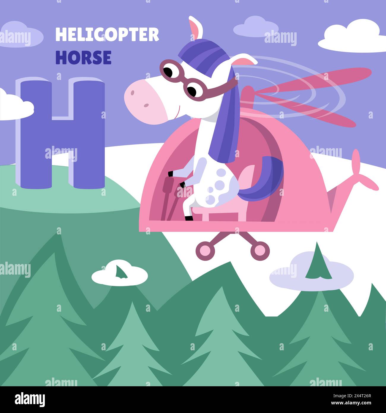 Letter H. Alphabet, card with cute cartoon style characters. Horse and helicopter. ABC. Education for children. Preschool activity. Vector Stock Vector