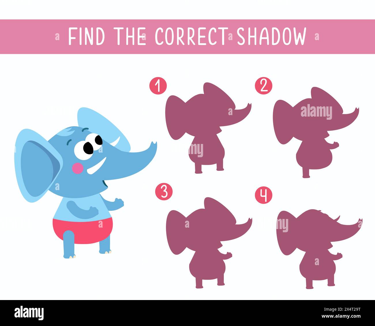 Find the right shadow. Puzzle Game for children. Cute cartoon style characters. Elephant. Vector illustration. Stock Vector