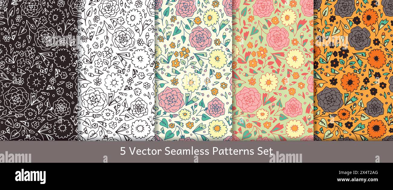 5 liberty ditsy floral style seamless patterns set Stock Vector