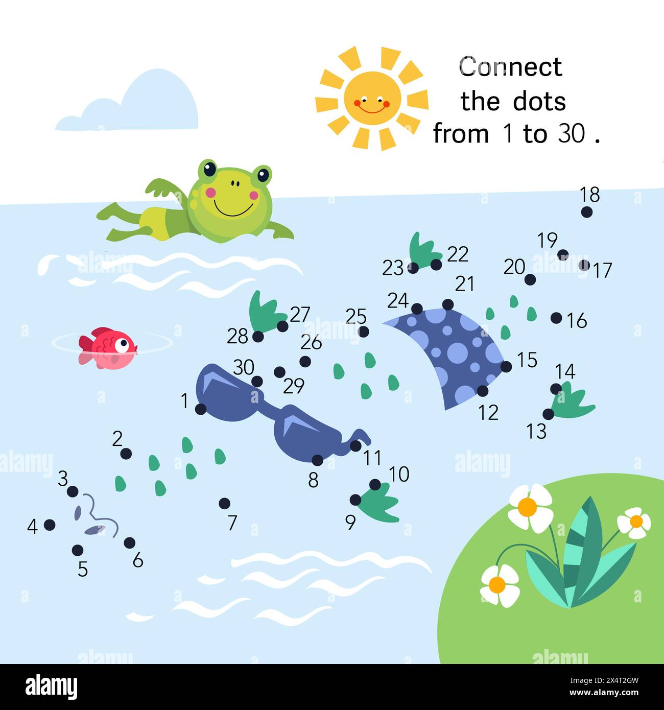 Dot to dot. Connect the dots from 1 to 30. Puzzle game for kids. Cute crocodile in summer. Vector illustration Stock Vector