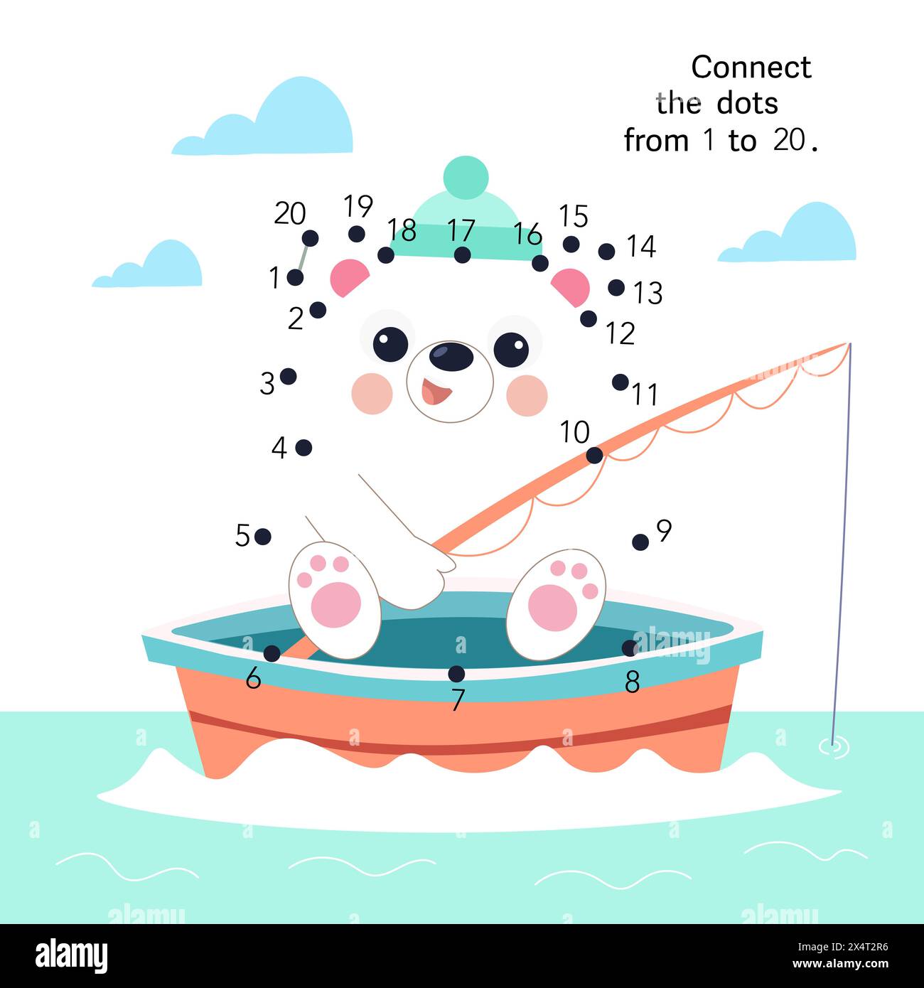 Dot to dot. Connect the dots from 1 to 20. Puzzle game for children. Cute bear in boat. Vector illustration. Stock Vector