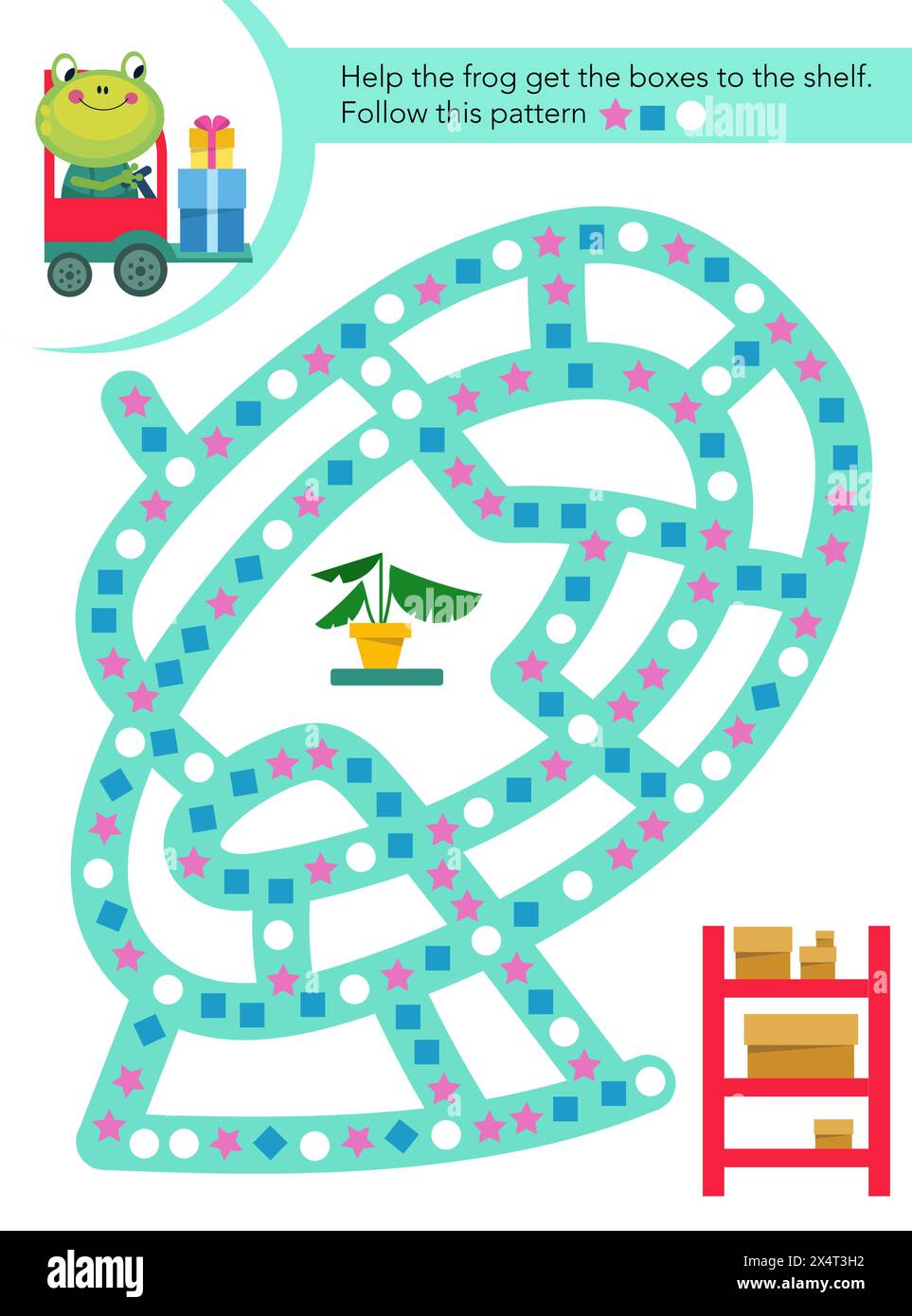 Maze game, activity for children. Follow this pattern. Vector illustration. Picture frog in car. Cute animals. Cartoon characters. Stock Vector