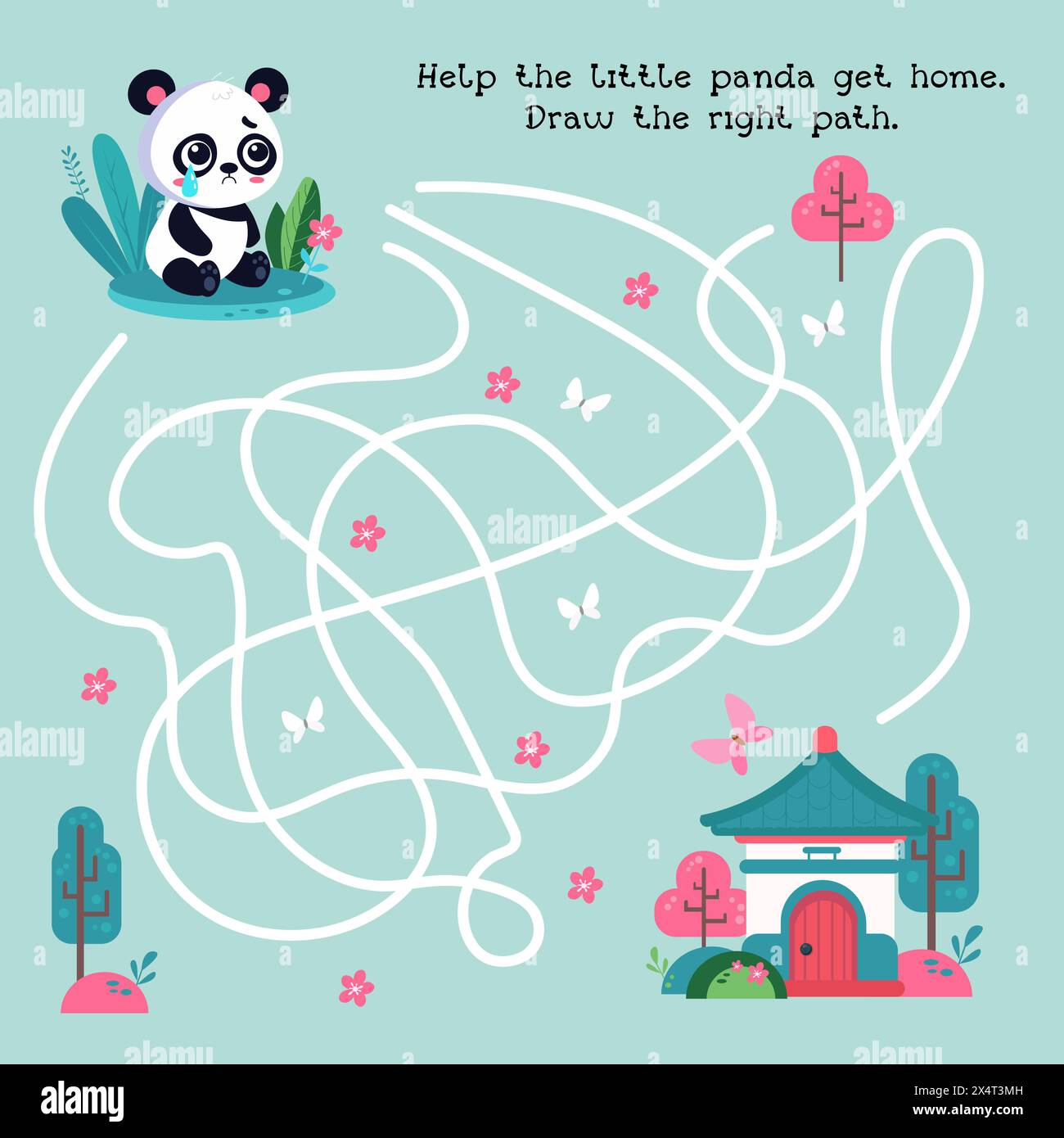 Maze game for children. Help the little panda get home. Draw the right path. Vector cute illustration Stock Vector