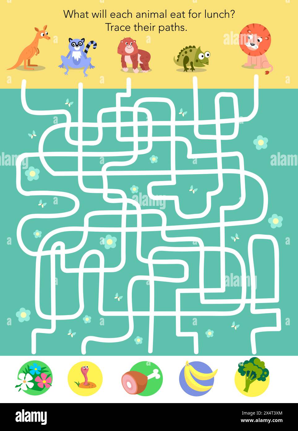 Maze game, activity for children. Vector illustration. African Australian animals and lunch. Tracing of paths. Cartoon cute characters.  Stock Vector