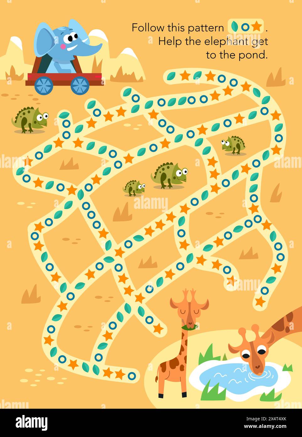 Maze game, activity for children. Follow pattern. Vector illustration. Cute elephant in car. African animals. Cartoon characters. Stock Vector