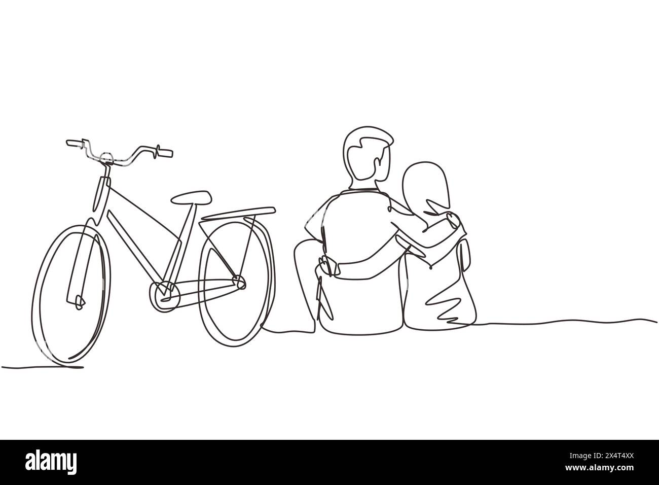 Single one line drawing back view of romantic teenage couple sitting outdoors with bicycle next to them. Arabian man and woman in love. Happy married Stock Vector
