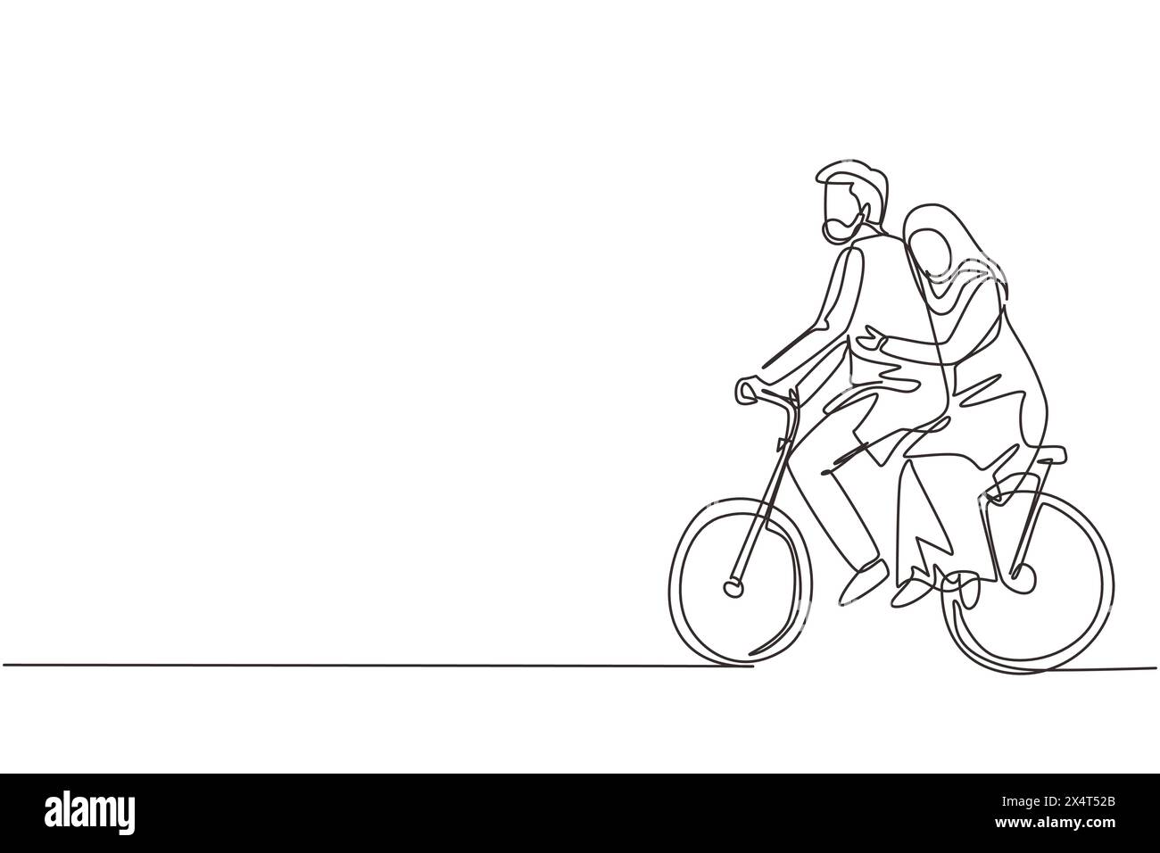 Single continuous line drawing romantic Arab couple having fun on date riding bicycle. Back view
