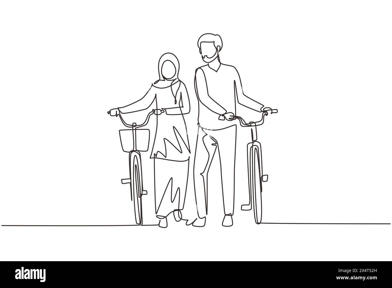 Single continuous line drawing cyclists walking down forest road with ...