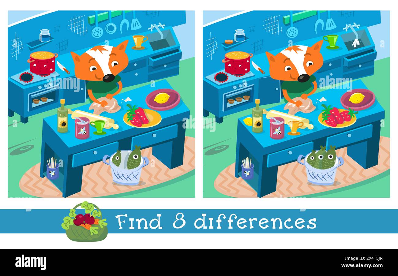 Find 8 hidden differences. Educational game for children. Puzzle game in cartoon style. Father fox cooking pie in kitchen. Funny cartoon character Stock Vector