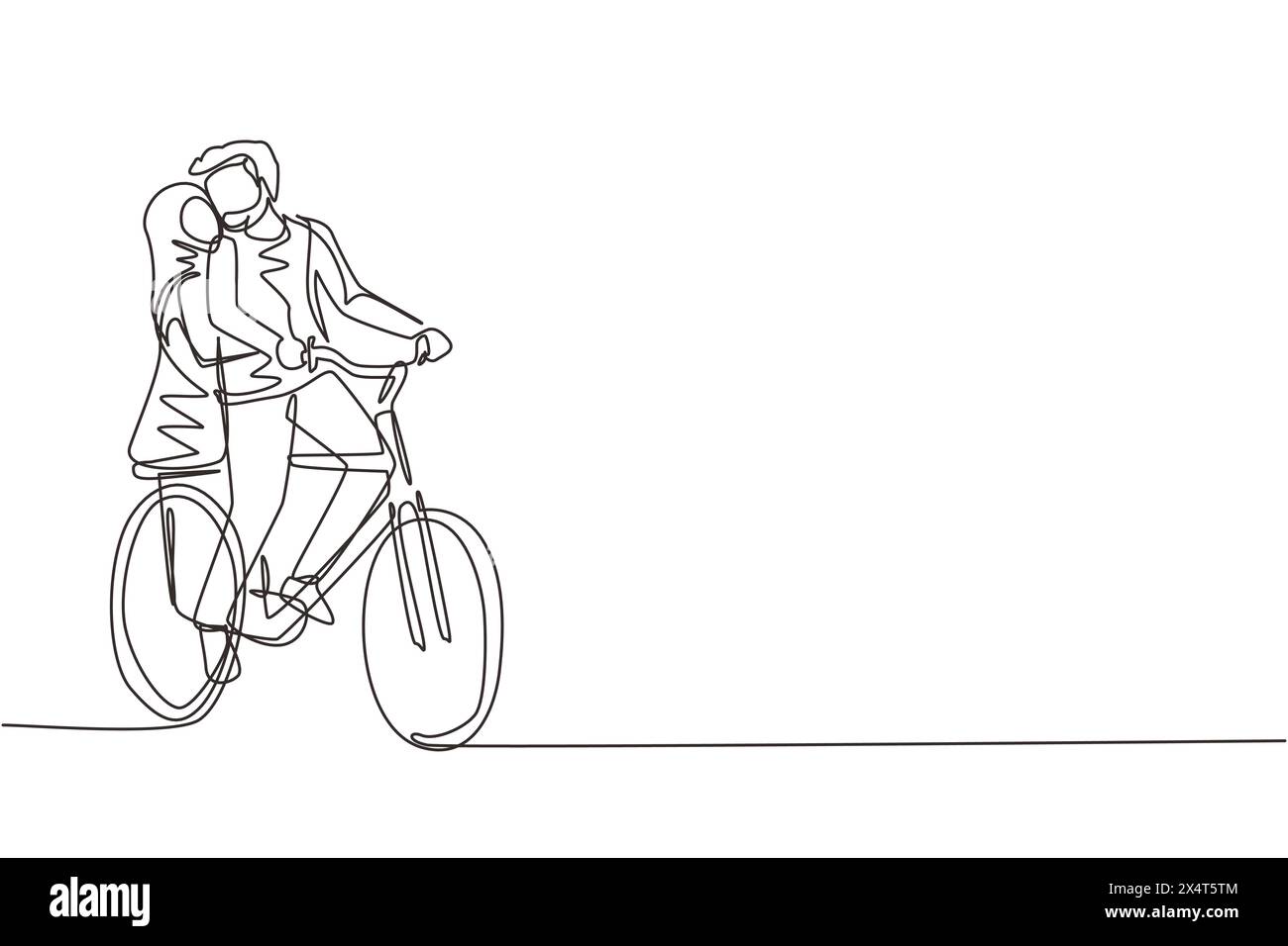 Single one line drawing young loving Arab couple cycling. Romantic human relations, love story, newlywed family in honeymoon traveling adventure, pass Stock Vector