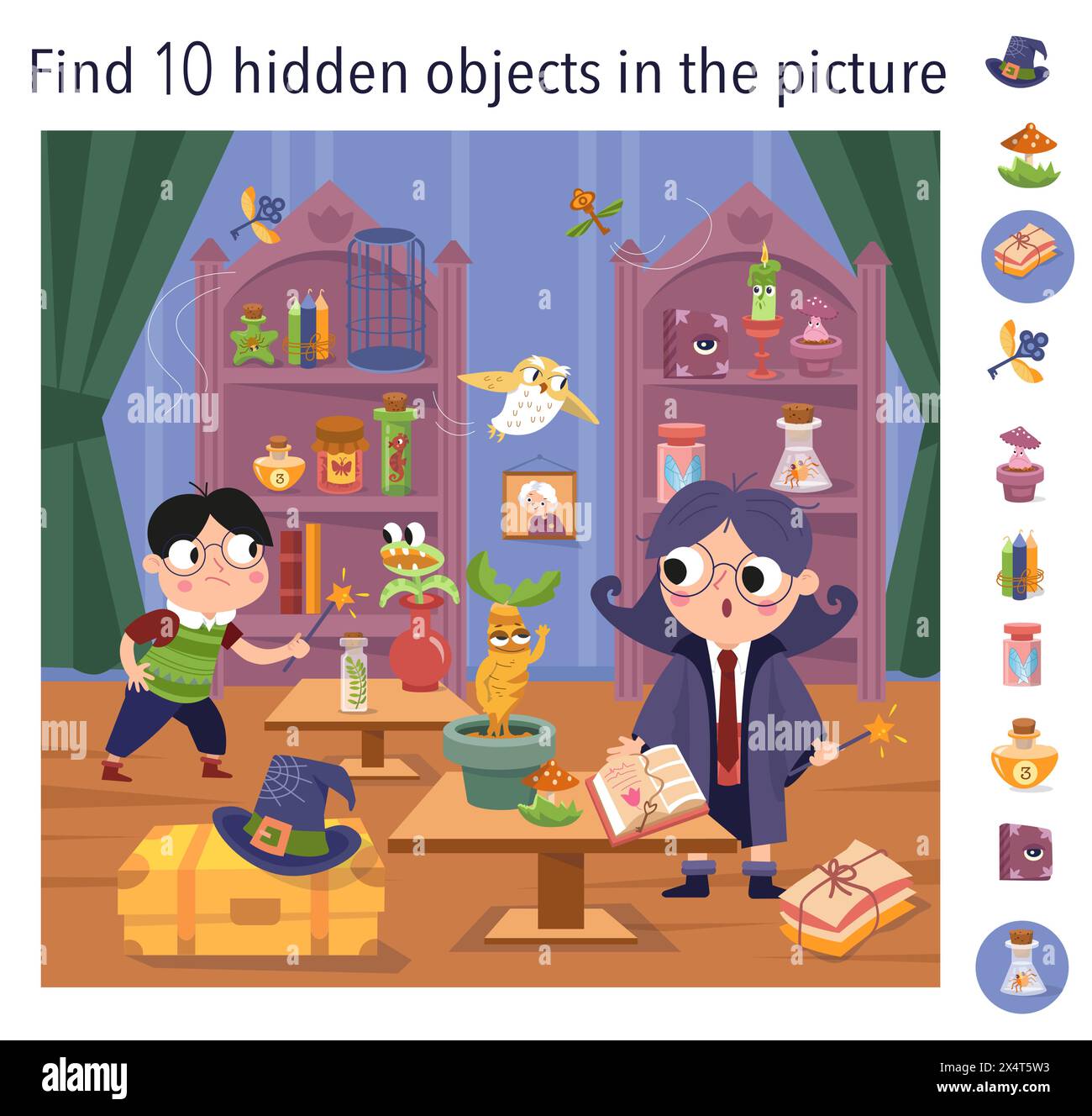 Find 10 hidden objects in picture. Educational game for kids. Cute girl witch and boy with magic wand in wizard school. Interior with objects. Vector Stock Vector