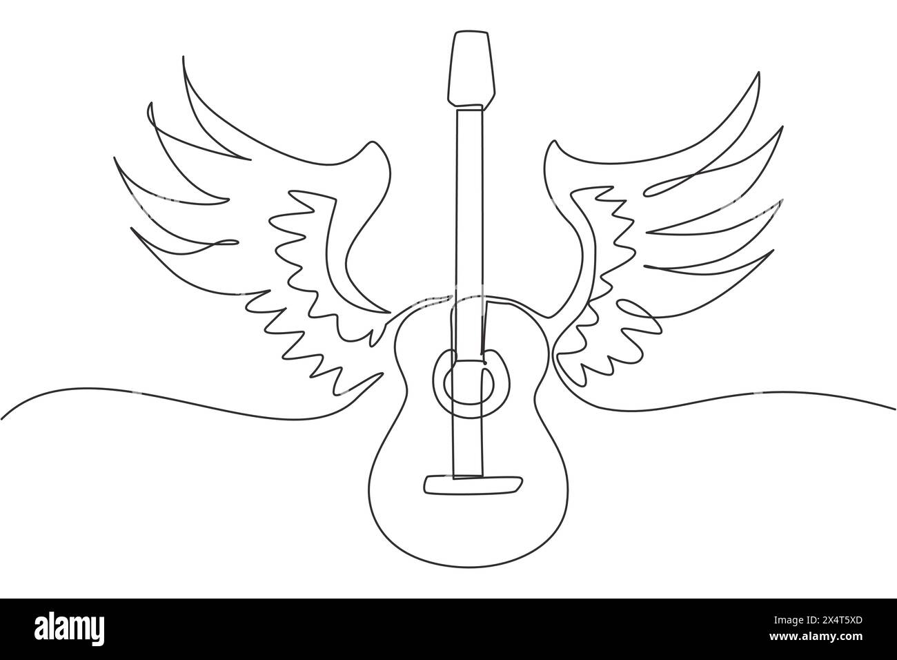 Single one line drawing stylized acoustic guitar with angel wings ...