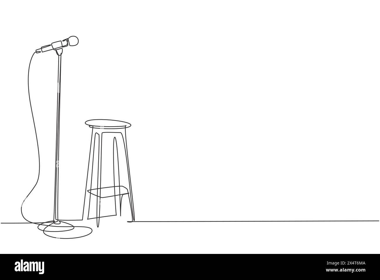 Single continuous line drawing microphone and stool on stand up comedy