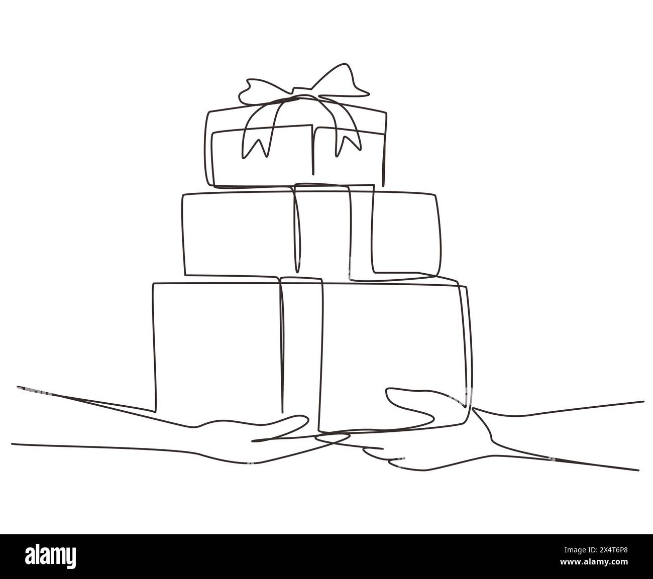Continuous one line drawing people hands give pile of gift boxes. Couple holding packaged present together. Birthday presents cardboard box with ribbo Stock Vector