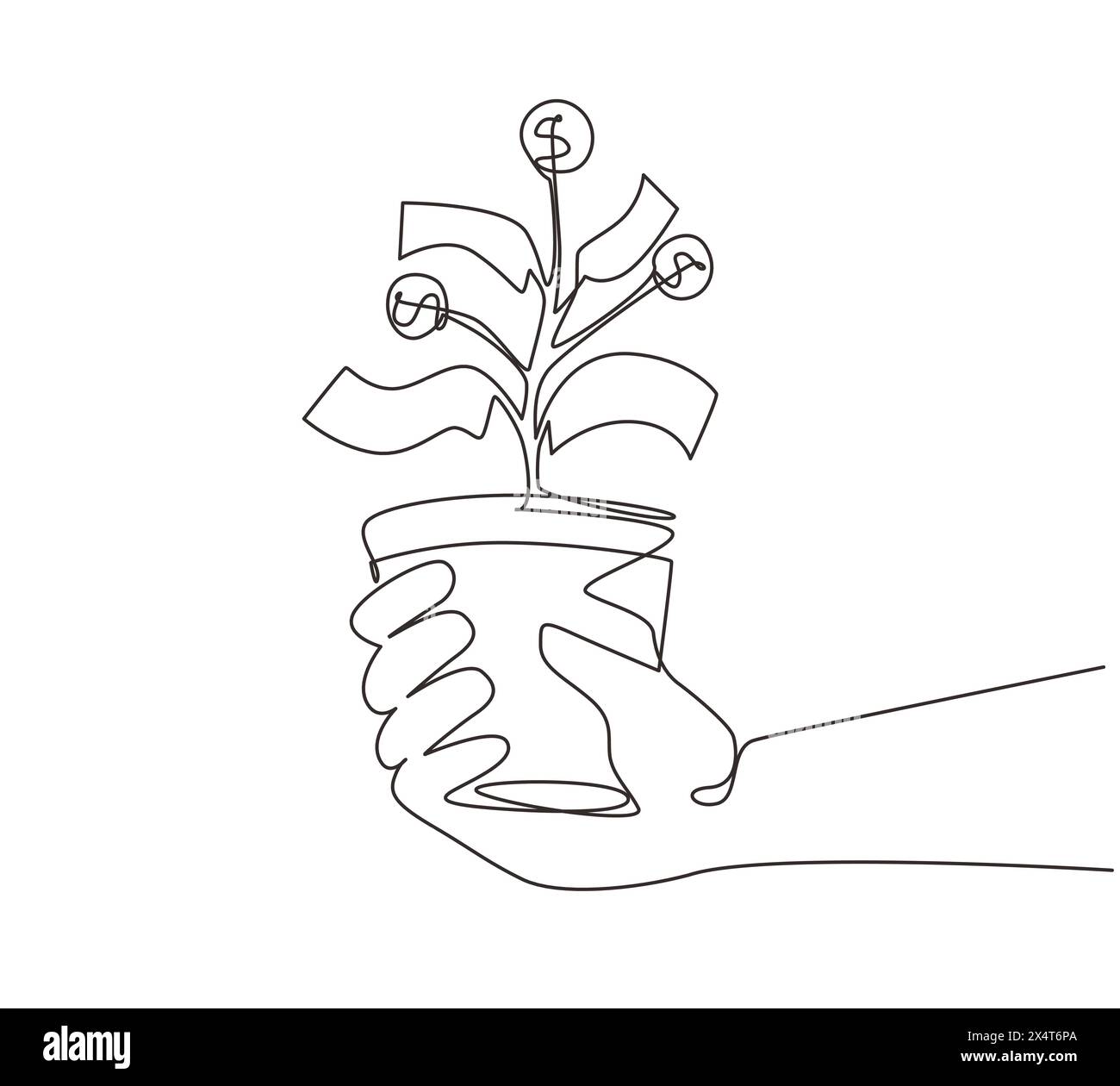 Single one line drawing hand with money plant in the pot. Money tree