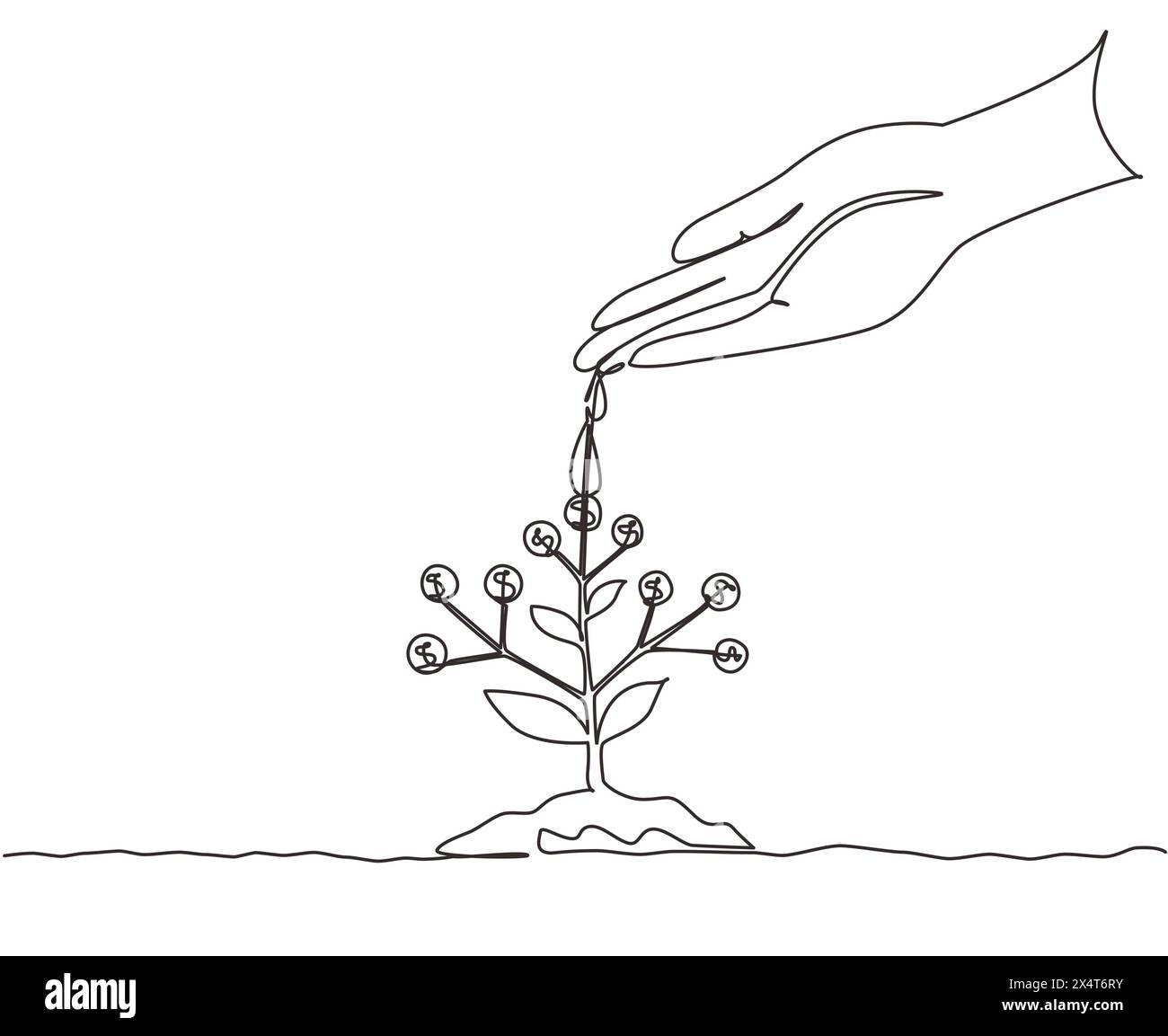 Single continuous line drawing hand nurturing and watering young money