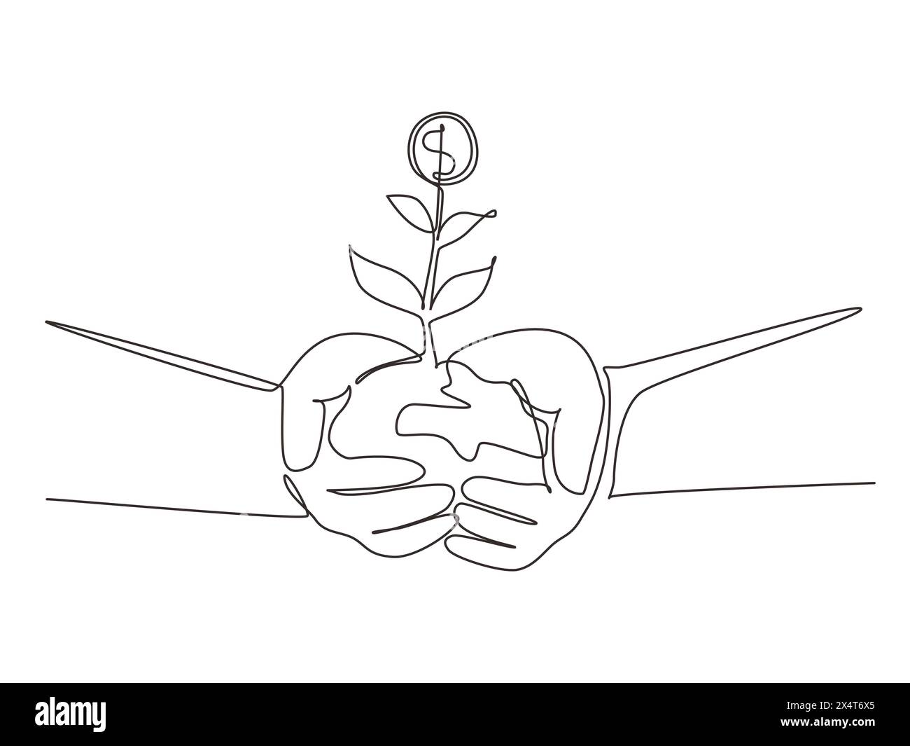 Continuous one line drawing hands holding money plant in soil on white