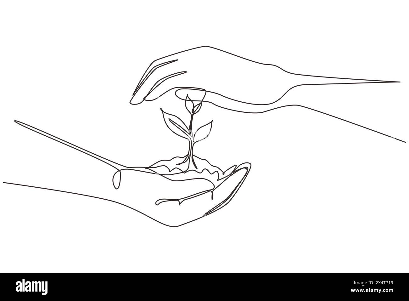 Single One Line Drawing New Life In Young Hands On White Background 