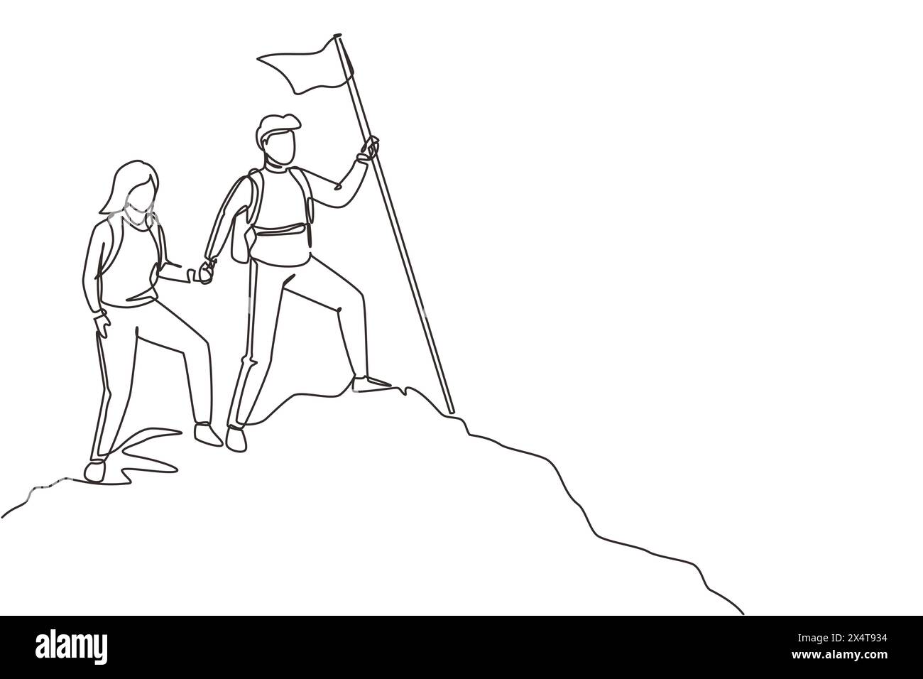 Single one line drawing young couple man woman hikers tourists
