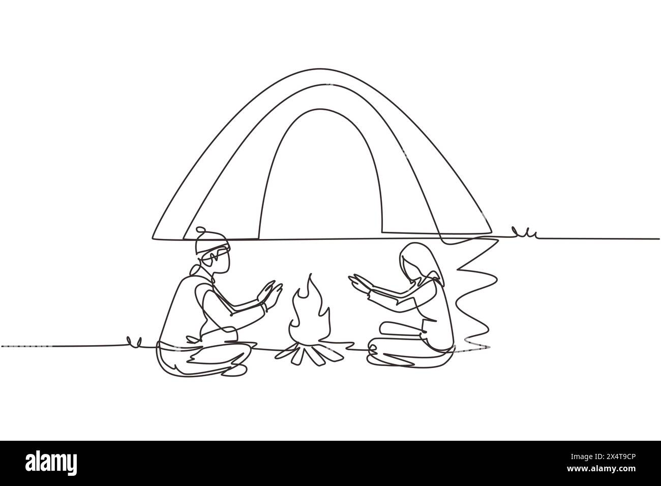 Single continuous line drawing traveling couple active recreation camping around campfire tents. Man and woman warm their hands near bonfire. Dynamic Stock Vector