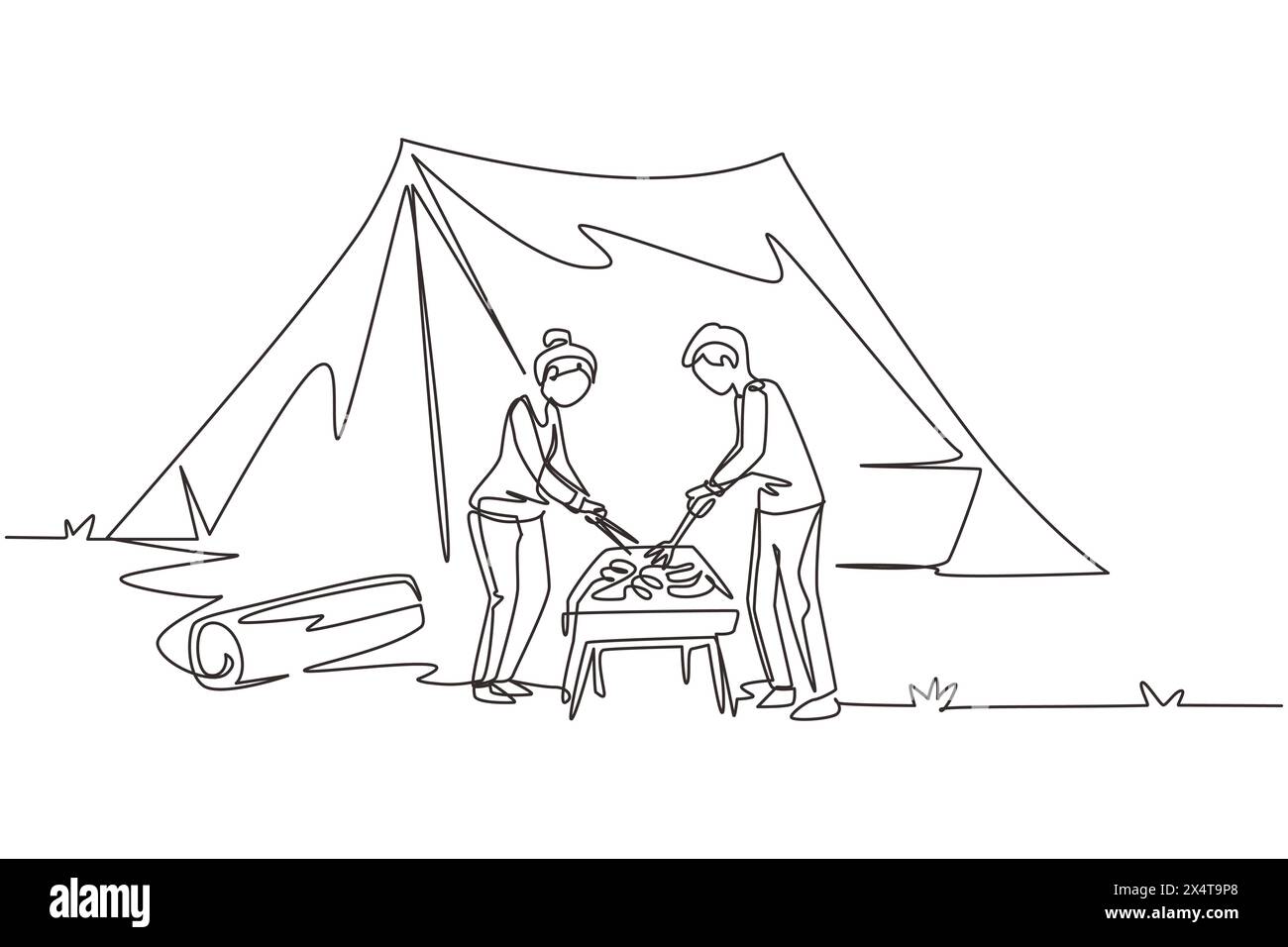 Single one line drawing happy couple are having barbecue in the mountain. Man woman camping in forest, active recreation, romantic date out of town. C Stock Vector