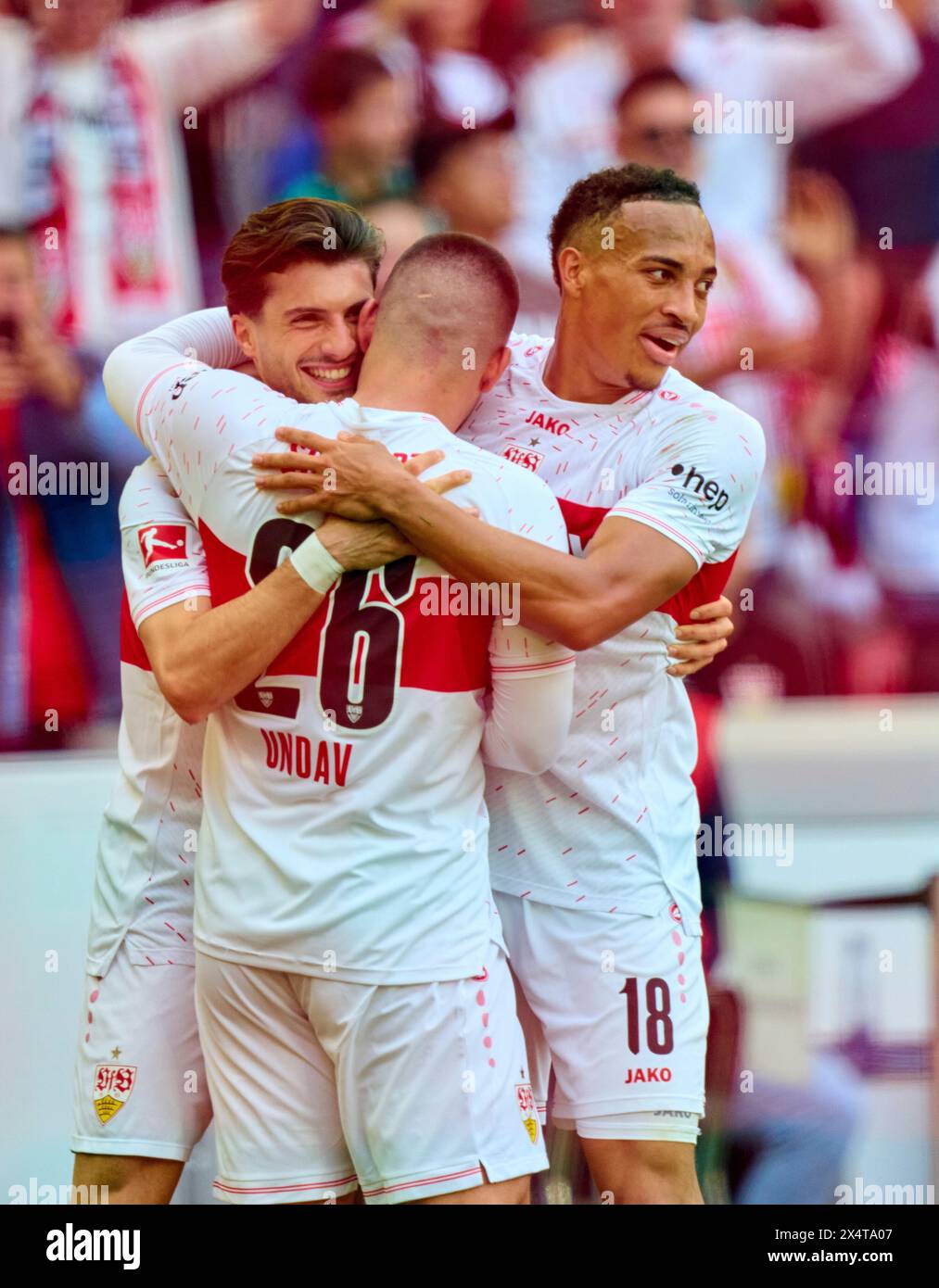 Stuttgart, Germany. 04th May, 2024. Leonidas Stergiou VFB 20 celebrates his goal, happy, laugh, celebration, 1-0 with Jamie Leweling, VFB 18 Deniz Undav, VFB 26 in the match VFB STUTTGART - FC BAYERN MUENCHEN 3-1 on May 4, 2024 in Stuttgart, Germany. Season 2023/2024, 1.Bundesliga, matchday 32, 32.Spieltag, Muenchen, Munich Photographer: ddp images/star-images - DFL REGULATIONS PROHIBIT ANY USE OF PHOTOGRAPHS as IMAGE SEQUENCES and/or QUASI-VIDEO - Credit: ddp media GmbH/Alamy Live News Stock Photo