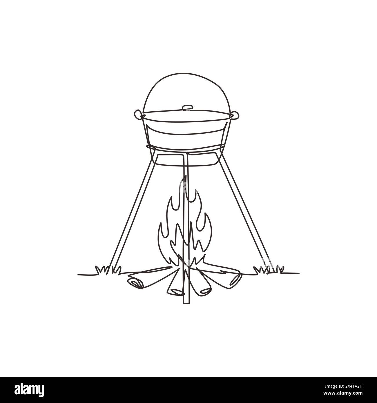 Single one line drawing cooking dinner in camping pot over bonfire. Cauldron and campfire. Outdoor grass, branch, stones. outdoor nature picnic. Conti Stock Vector
