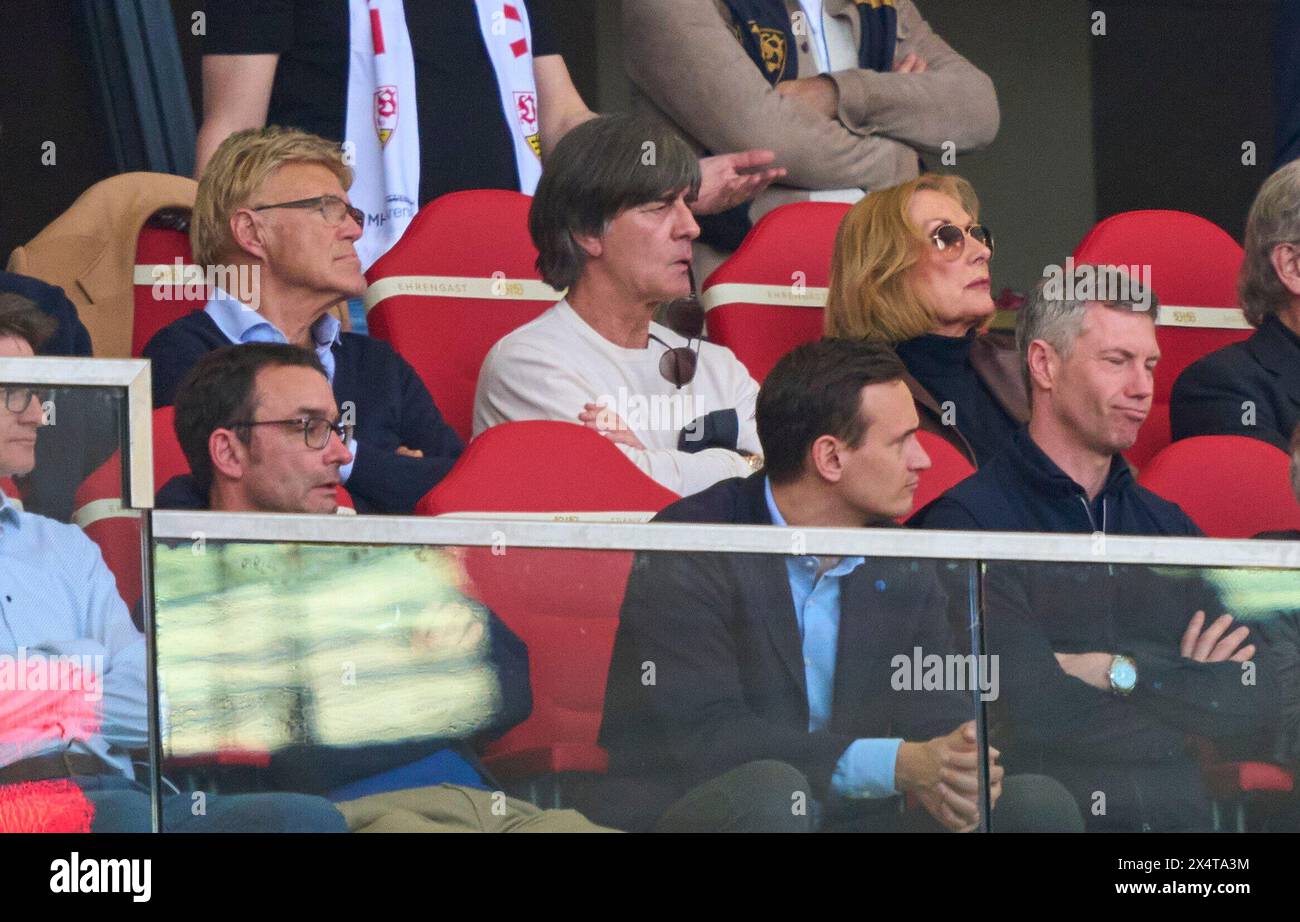 Stuttgart, Germany. 04th May, 2024. Joachim Jogi Loew (M), former DFB head coach, Urs SIEGENTHALER (L), DFB Chefscout, Margit Mayer-Vorfelder in the match VFB STUTTGART - FC BAYERN MUENCHEN 3-1 on May 4, 2024 in Stuttgart, Germany. Season 2023/2024, 1.Bundesliga, matchday 32, 32.Spieltag, Muenchen, Munich Photographer: ddp images/star-images - DFL REGULATIONS PROHIBIT ANY USE OF PHOTOGRAPHS as IMAGE SEQUENCES and/or QUASI-VIDEO - Credit: ddp media GmbH/Alamy Live News Stock Photo