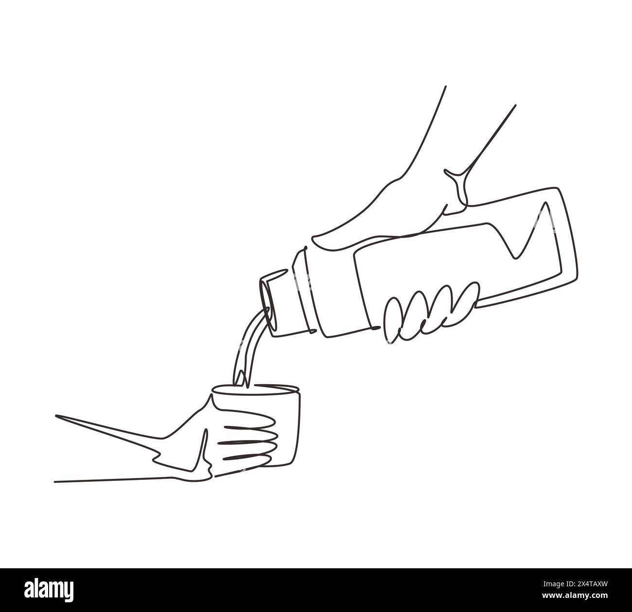 Single continuous line drawing traveler girl pouring tea in thermos cup