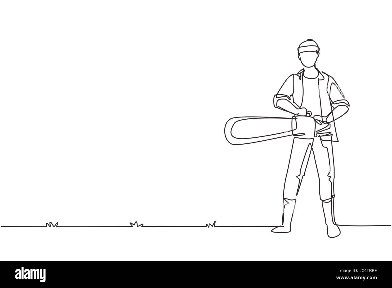 Continuous one line drawing worker using the chainsaw. Wearing ...