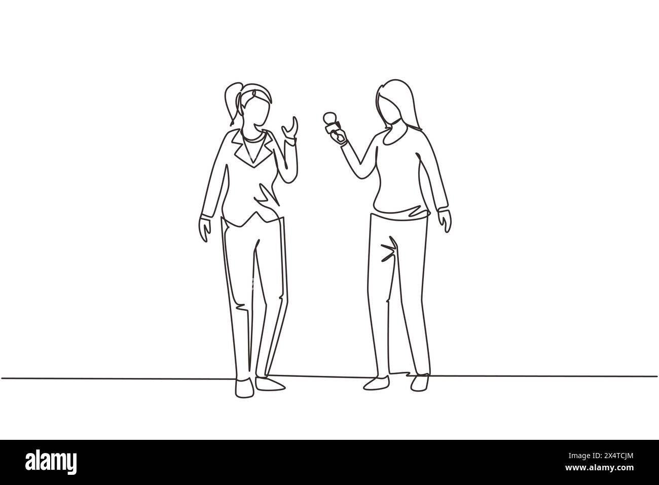 Single one line drawing business woman giving an interview in the