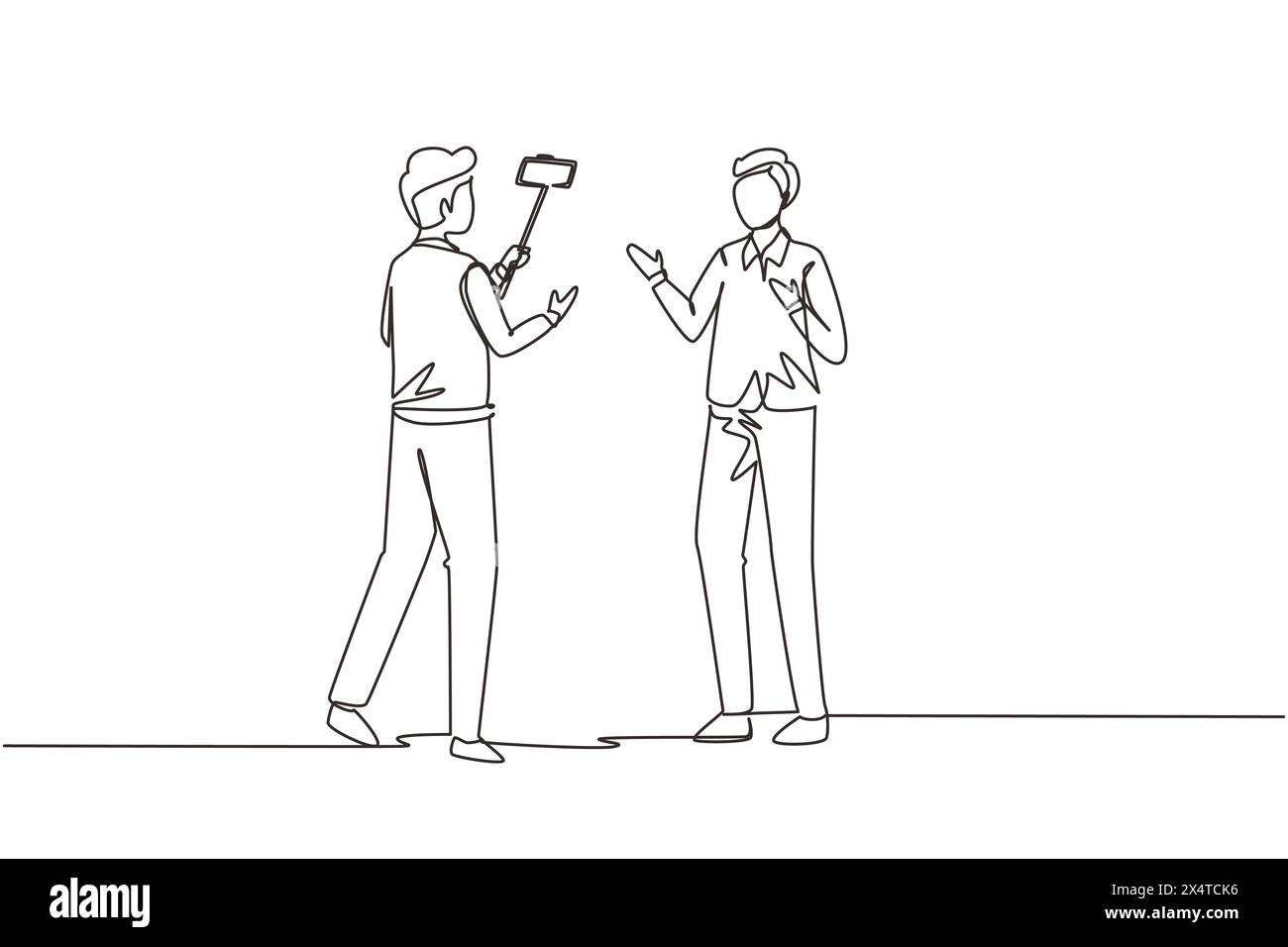 Single continuous line drawing presenter filming video blog with an operator on the street. Man bloggers, journalists filming with professional smartp Stock Vector