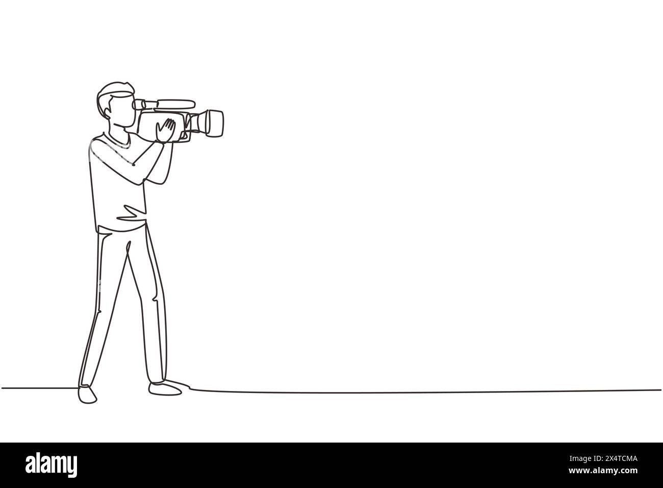 Continuous one line drawing professional camera operator holding big camera on shoulder. Cameraman, reporter shooting TV content. Videographer with ca Stock Vector