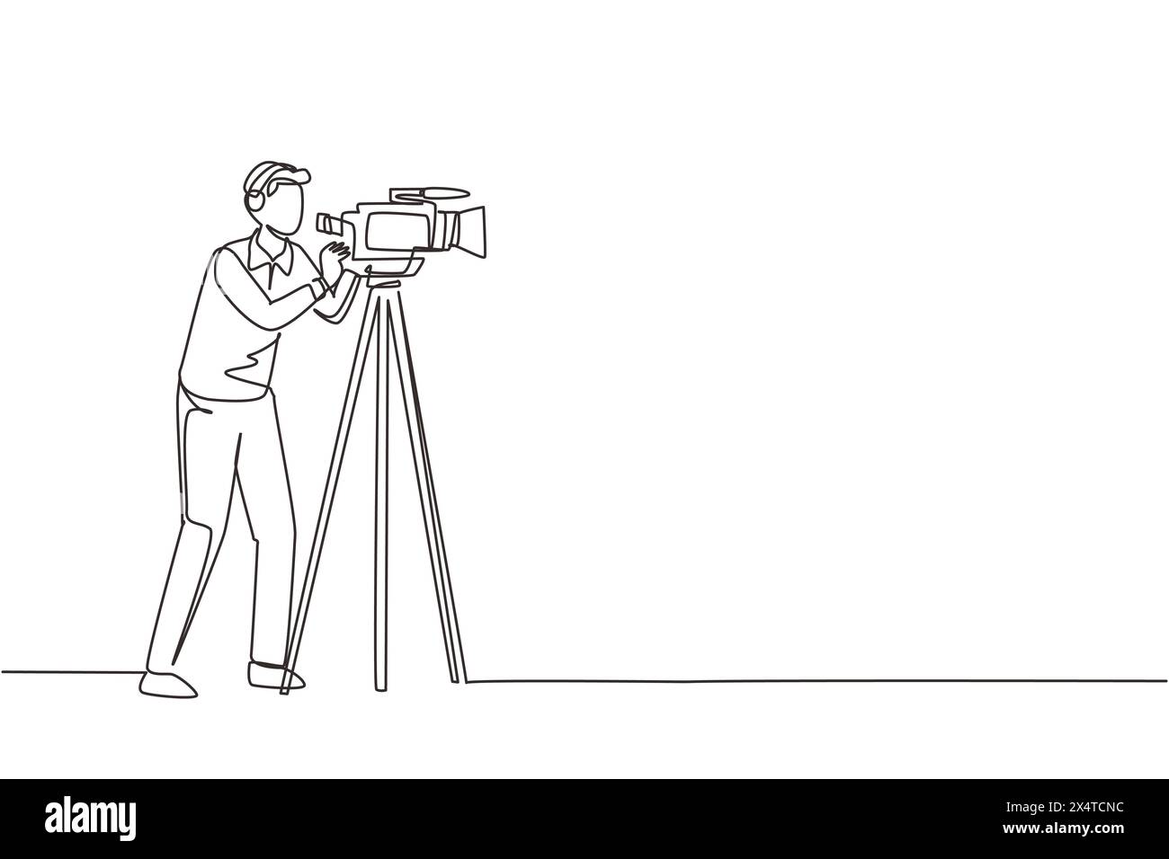 Single one line drawing professional cameraman, operator, videographer with camera. Shooting of movie production, broadcasting news or tv show live. C Stock Vector