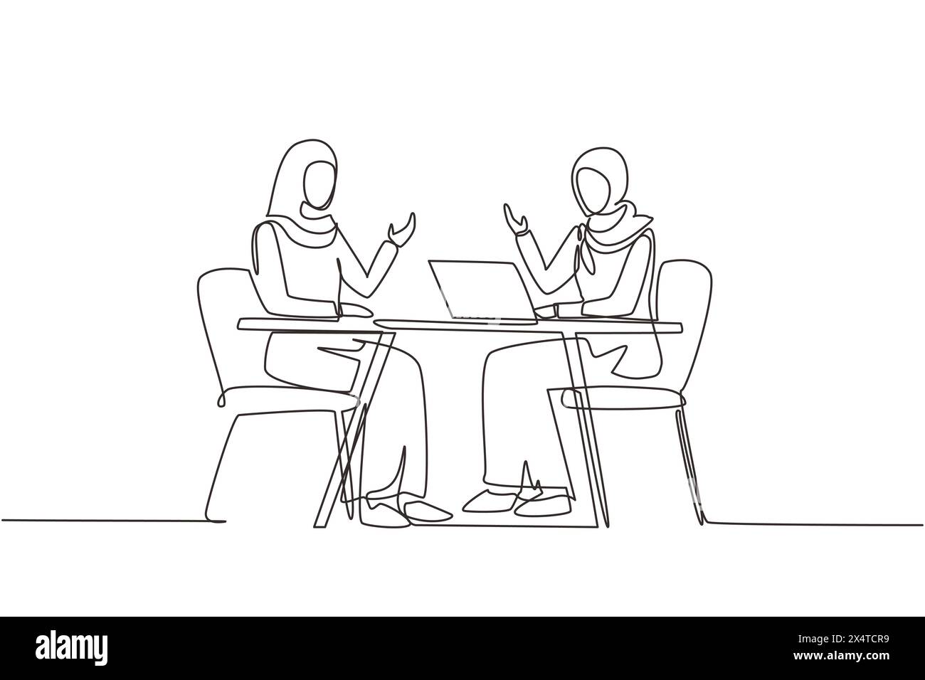 Continuous one line drawing Muslim TV show with guest. Arabian girl celebrity giving interview to television presenter, journalist asking famous women Stock Vector