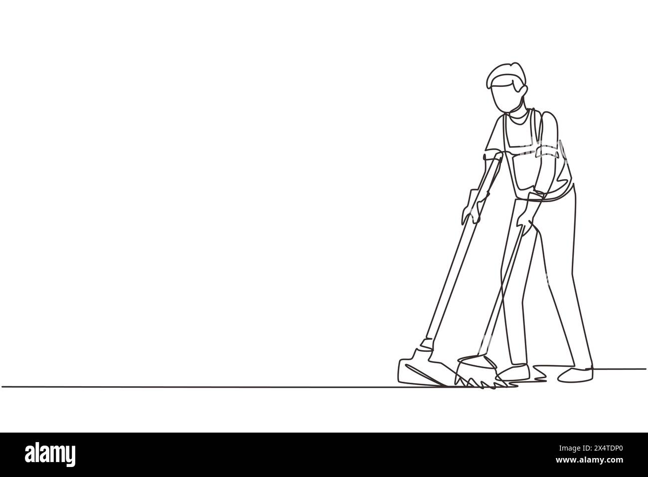 Single continuous line drawing housekeeping male worker with broom and dustpan. Young man janitor, sweeping the floor with broom, holding dustpan, pro Stock Vector