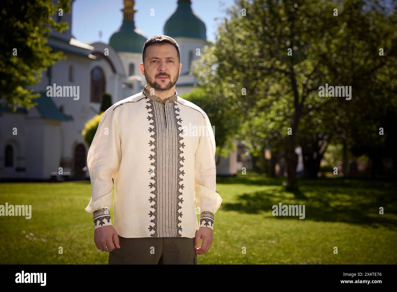 Kiev, Ukraine. 05th Apr, 2022. Ukrainian President Volodymyr Zelenskyy, wearing a traditional embroidered shirt, delivers his Orthodox Easter message to the nation from St. Sophia Cathedral, May 5, 2024, in Kyiv, Ukraine. Zelenskyy urged Ukrainians to be united in prayer and called God an “ally” in the war against Russia. Credit: Ukraine Presidency/Ukrainian Presidential Press Office/Alamy Live News Stock Photo
