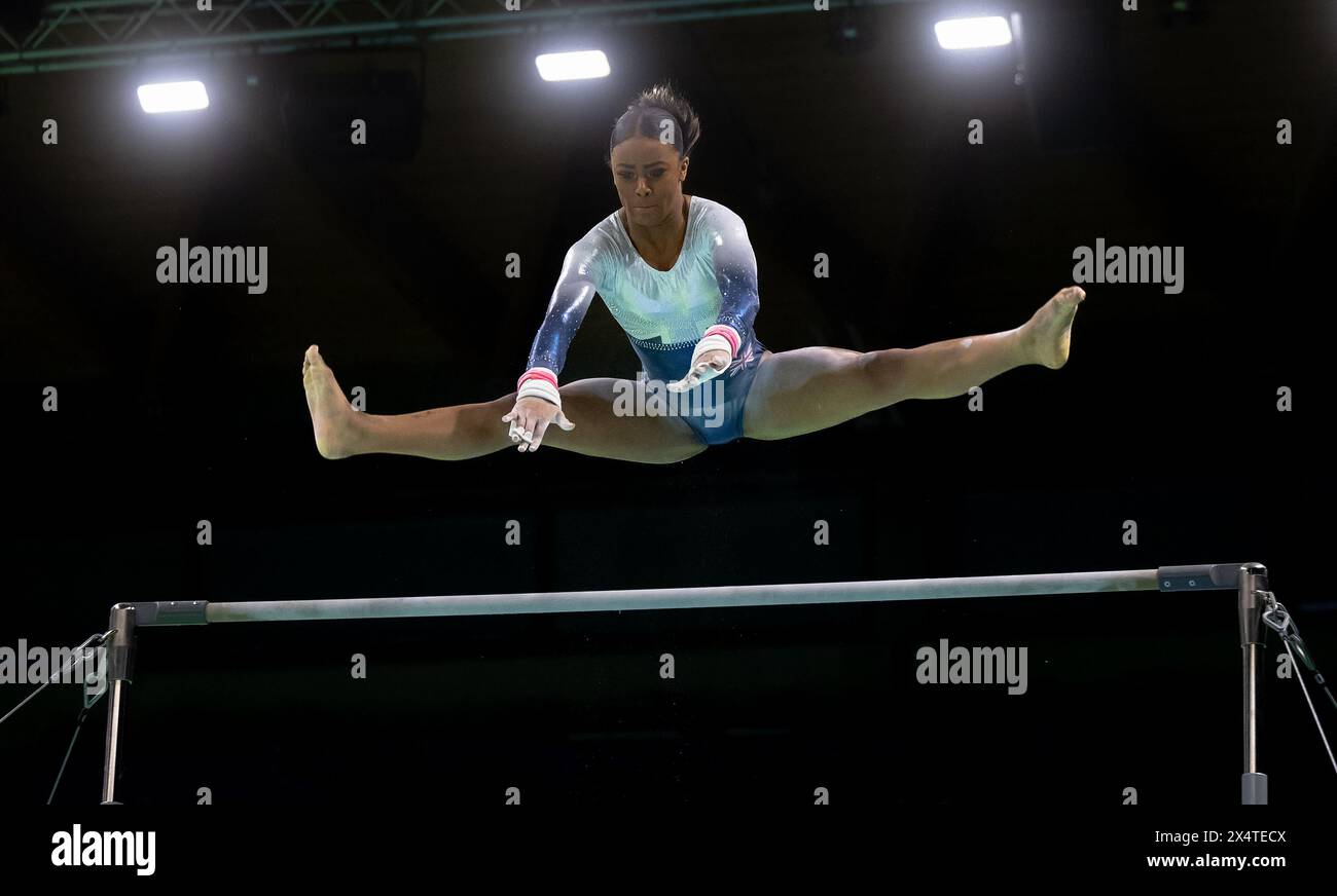 Rimini, Italy. 5th May 2024. RIMINI - Shantae-Eve Amankwaah (GBR) in action during the junior event final on uneven bars at the European Gymnastics Championships in the Fiera di Rimini  Alamy / Iris van den Broek Credit: Iris van den Broek/Alamy Live News Stock Photo