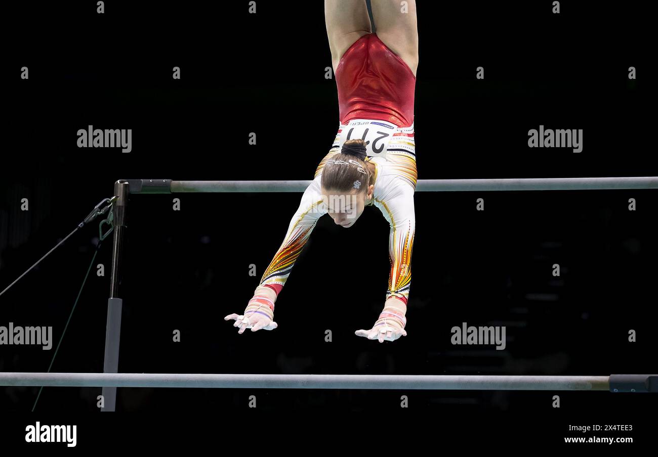 Rimini, Italy. 5th May 2024. RIMINI - Sien Ghekiere (BEL) in action during the junior event final on uneven bars at the European Gymnastics Championships in the Fiera di Rimini  Alamy / Iris van den Broek Credit: Iris van den Broek/Alamy Live News Stock Photo