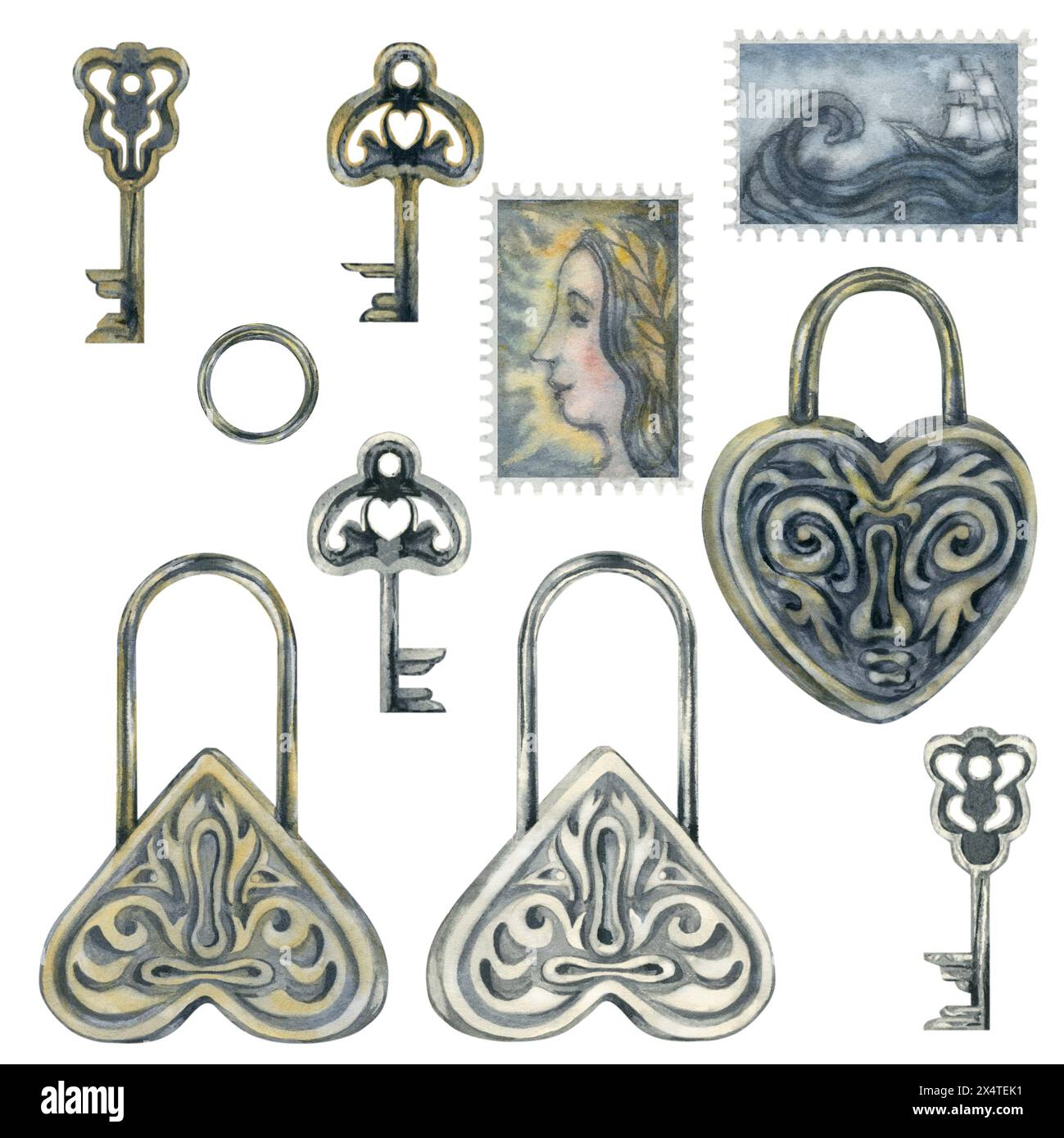 Silver and gold heart-shaped locks, keys and old stamps from an antique writing set. Watercolor illustration for design template for wedding, Valentin Stock Photo