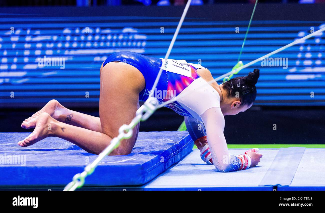 RIMINI - Rebecca Downie (GBR) in action during the event final on uneven bars at the European Gymnastics Championships 2024 in the Fiera di Rimini Stock Photo