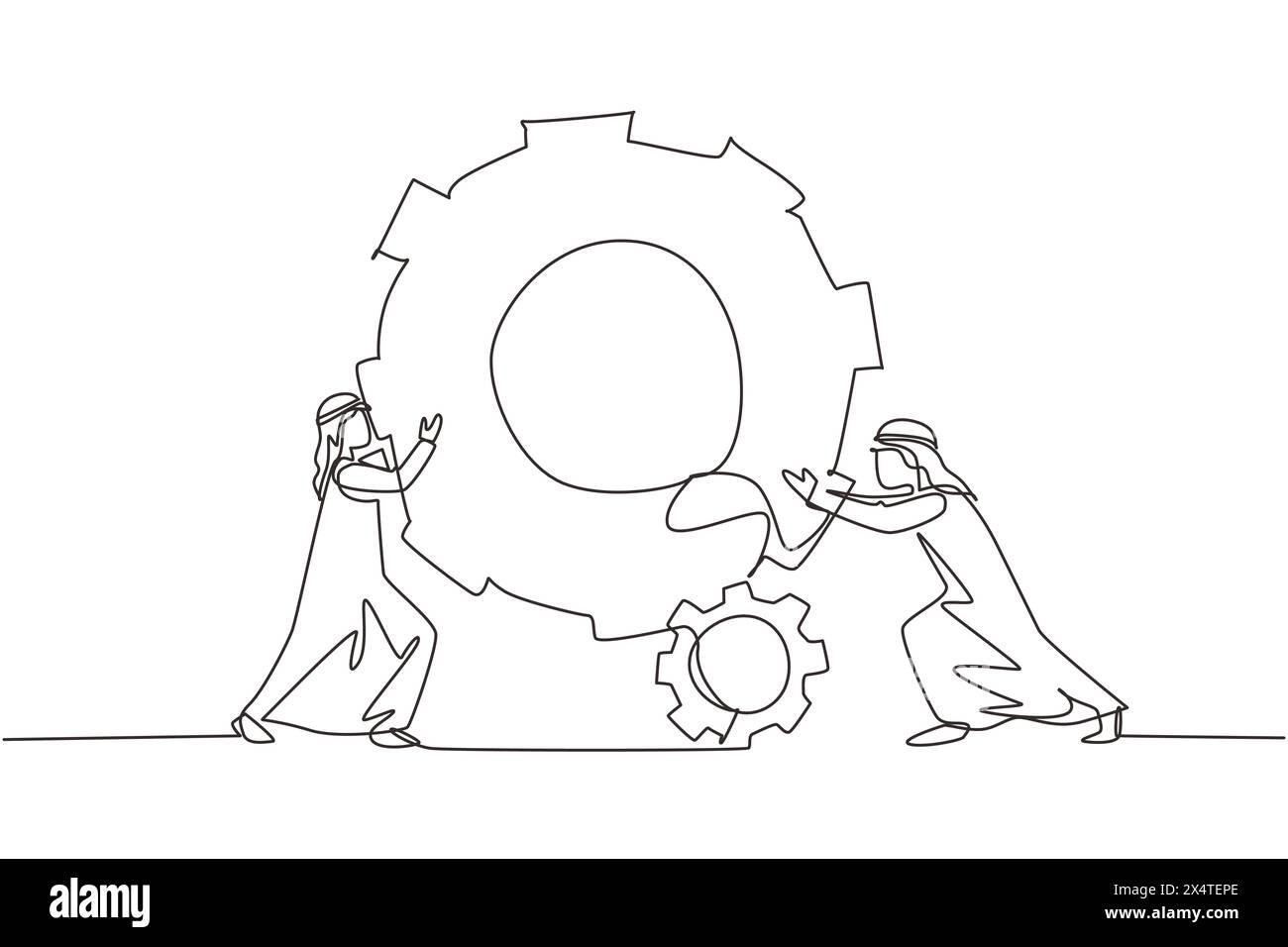 Single continuous line drawing two Arab businessmen help each other