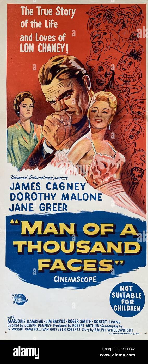 JAMES CAGNEY as Lon Chaney DOROTHY MALONE and JANE GREER in MAN OF A THOUSAND FACES 1957 director JOSEPH PEVNEY story Ralph Wheelwright music Frank Skinner make up artists Jack Kevan and Bud Westmore Universal-International Pictures (UI) Stock Photo