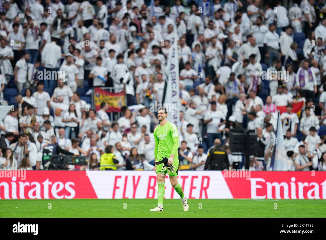 Madrid, Spain. 04th May, 2024. Thibaut Courtois of Real Madrid at full time during the La Liga match between Real Madrid and Cadiz CF played at Santiago Bernabeu Stadium on May 4, 2024 in Madrid, Spain. (Photo by Cesar Cebolla/PRESSINPHOTO) Credit: PRESSINPHOTO SPORTS AGENCY/Alamy Live News Stock Photo