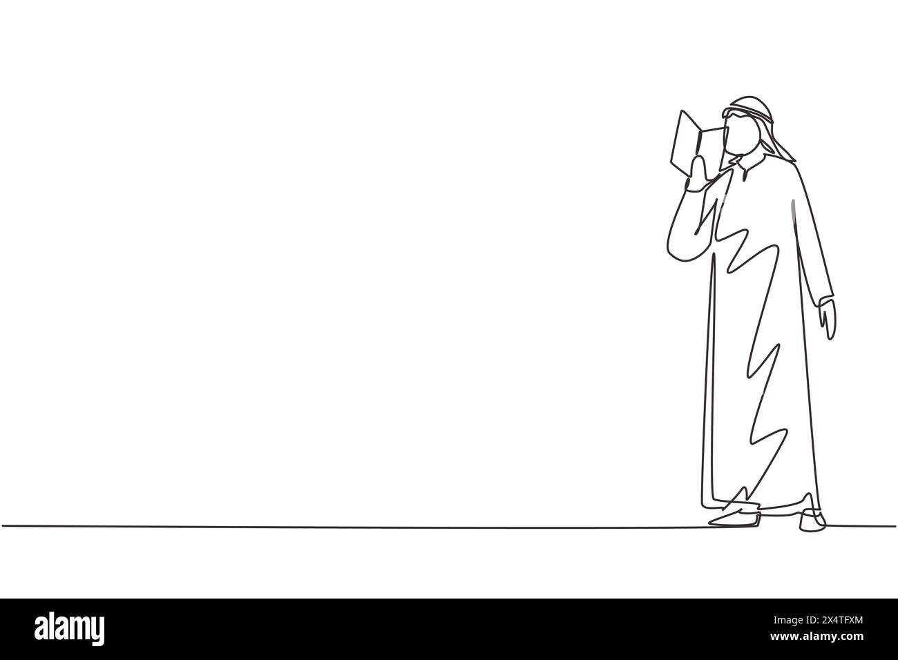 Single continuous line drawing Arabian guy standing and reads book that ...