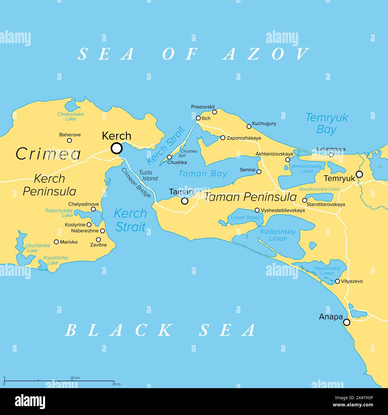 Kerch Strait in Eastern Europe, political map. It connects Black Sea