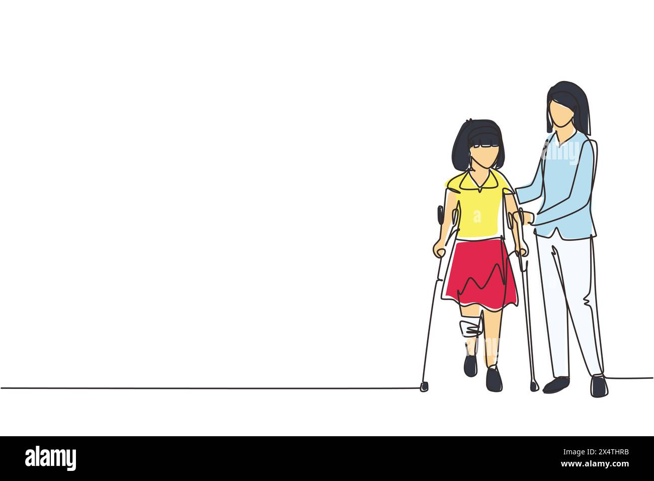 Single continuous line drawing little girl patient learn walking using