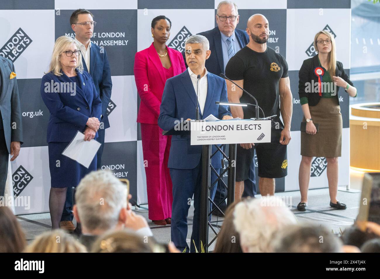 London, UK, 04th May, 2024.  Sadiq Khan wins a third term as Mayor of London at an election announcement at City Hall. Stock Photo
